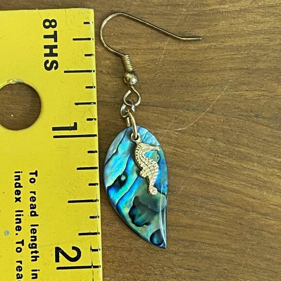 Abalone Tear Drop Gold Tone Seahorse Dangle Earrings - Picture 7 of 7